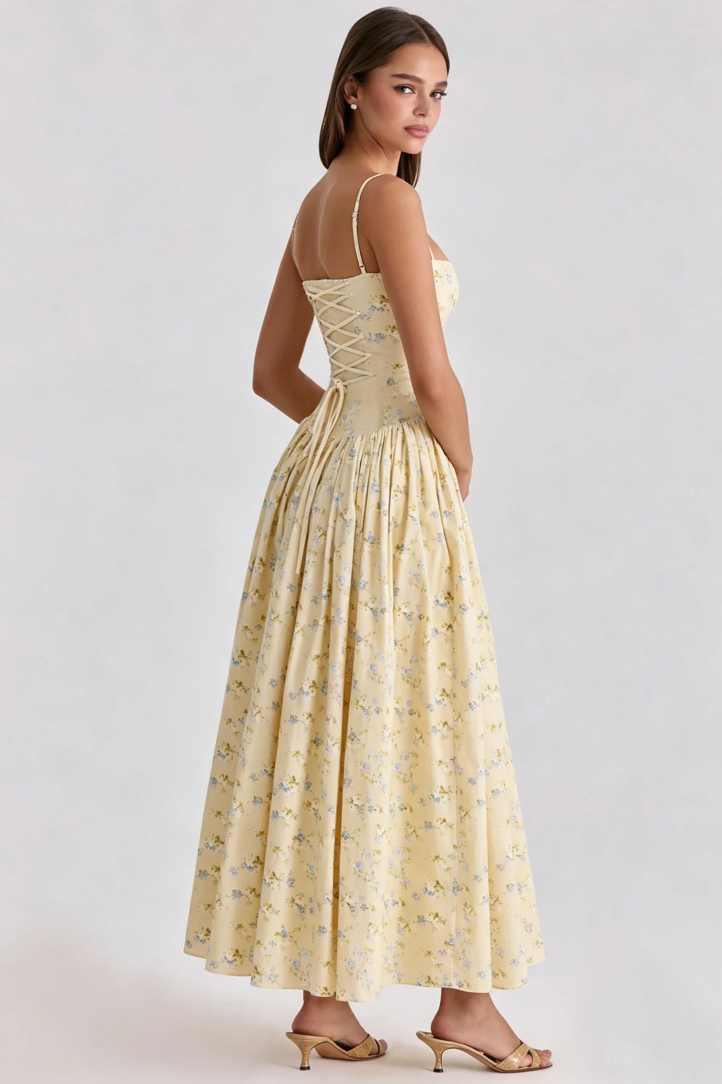 Women Long Floral Print Spaghetti Strap Maxi Dress Summer Elegant Lace Up Dress Flowy Holiday Party Beach Wear Dress