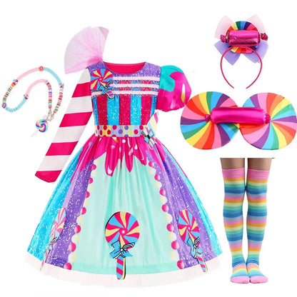 Purim Girls Rainbow Vestidos Candy Fairy Lollipop Cosplay Costume Toddler Girls Birthday Party Carnival Long Short Sleeves Dress