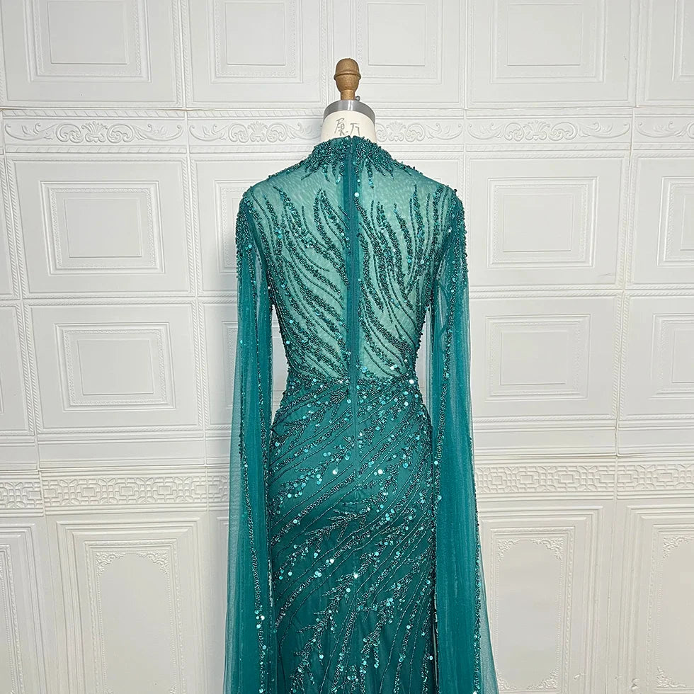 Luxury Saudi Arabia Mermaid Beaded Cape Sleeves High-Neck Evening Dresses 2025 Dubai Party Gowns for Women Wedding Customized