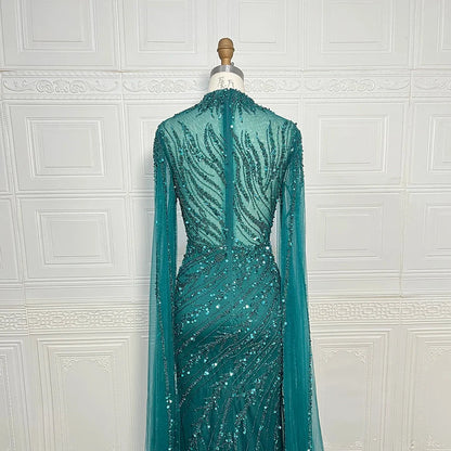 Luxury Saudi Arabia Mermaid Beaded Cape Sleeves High-Neck Evening Dresses 2025 Dubai Party Gowns for Women Wedding Customized