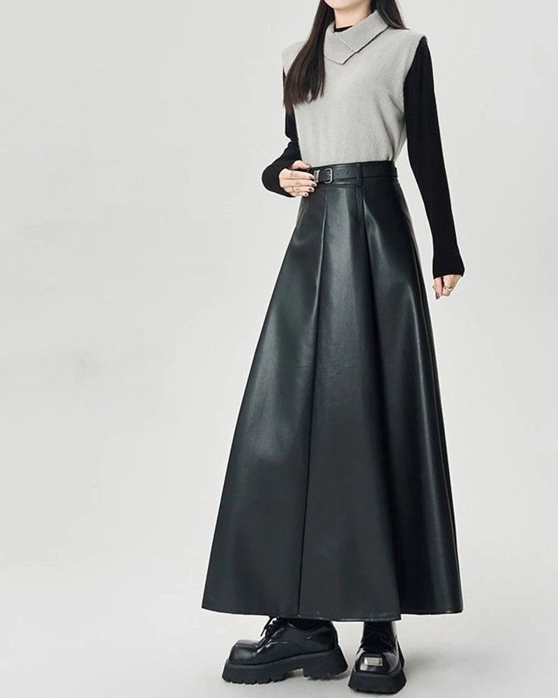 Vintage PU leather women midi skirts Y2K Autumn high waist Streetwear with belt pleated Skirt female elegant Solid A line skirts