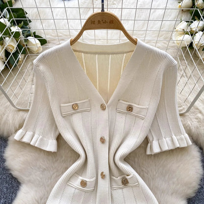 Brand Fashion Vintage Knitted Long Dress Spring Summer Women Elegant V-neck Ruffled Bodycon Sweater Dress Party Vestido