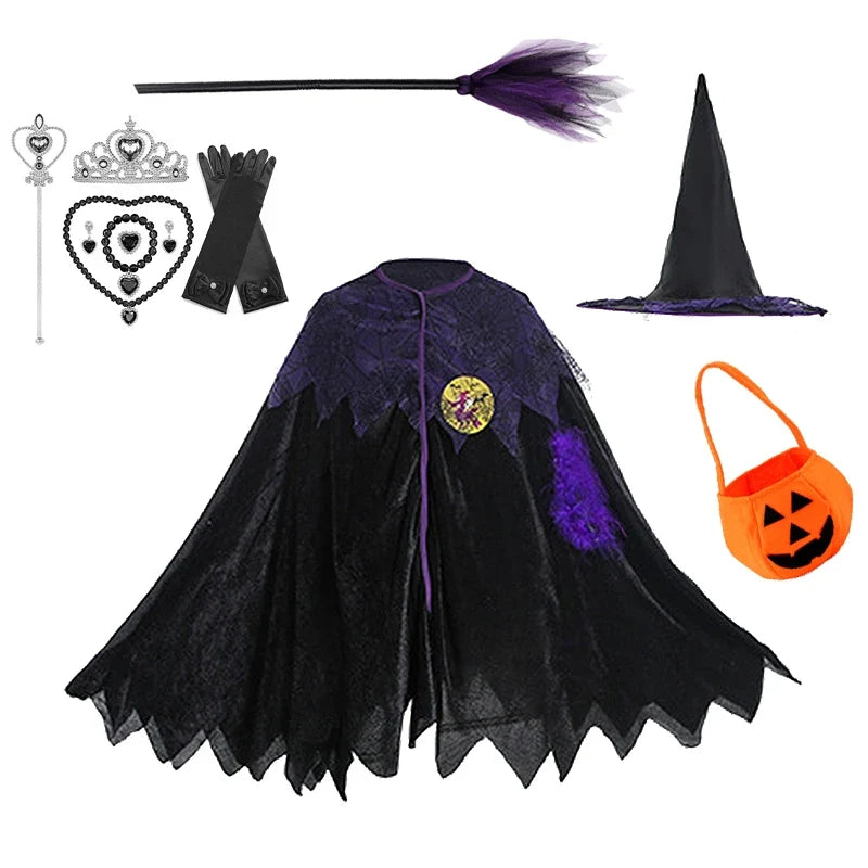 Kids Witch Halloween Costume Witch Cosplay Dress and Magic Hat Set Carnival Party Clothes for Girls Gothic Vampire Costume