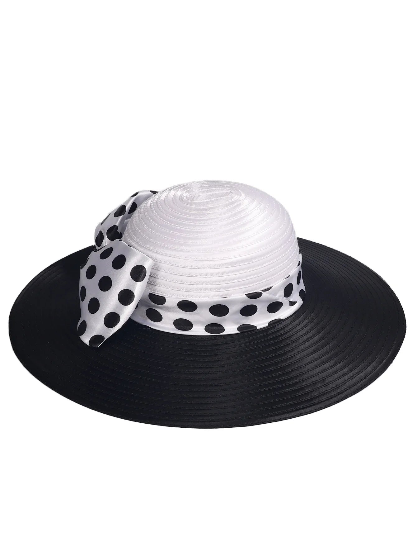 Elegant Women Wide Brim Rose Black Patchwork Polka Dots Kentucky Hat For Wedding Party Hat Big Bowknot Fedora Beach Cap