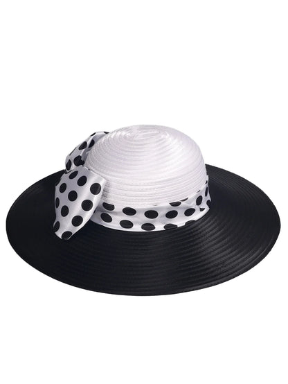 Elegant Women Wide Brim Rose Black Patchwork Polka Dots Kentucky Hat For Wedding Party Hat Big Bowknot Fedora Beach Cap