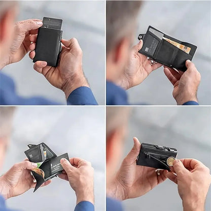 Pop-Up RFID Slim Card Holder Wallet for Men Minimalist Leather Credit Card Wallet with Cash Slot Coin Pocket EDC Travel Wallet