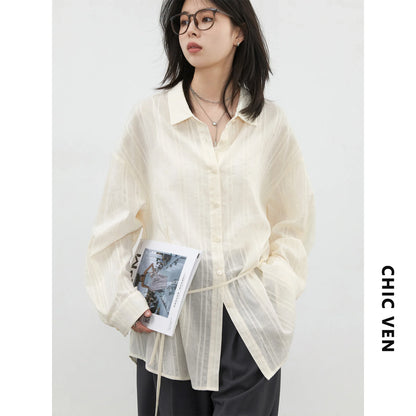 Women Shirt Textured Cotton Striped Waist Shirt Long Sleeves Female Sun Protection Blouses  Spring  Summer 2026