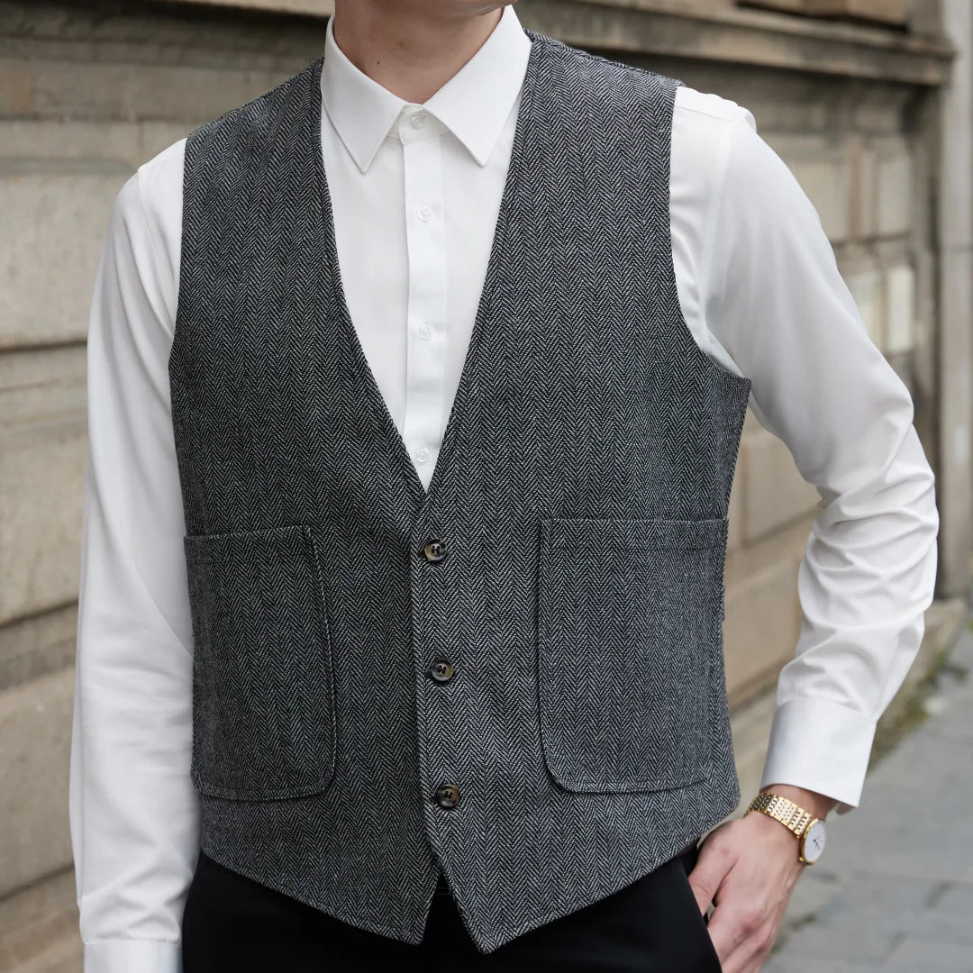 Men Vest Gray Herringbone V Neck Single Button Waistcoat For Wedding Prom Business Casual Formal Daily Office Work Men Suit Vest