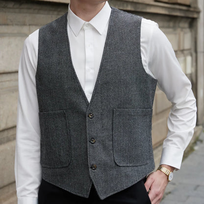 Men Vest Gray Herringbone V Neck Single Button Waistcoat For Wedding Prom Business Casual Formal Daily Office Work Men Suit Vest