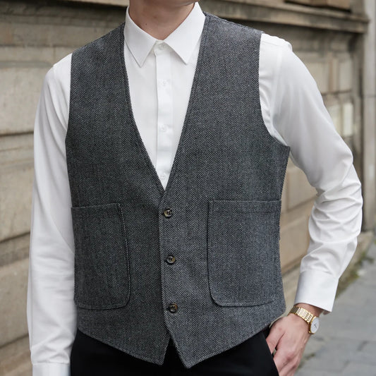 Men Vest Gray Herringbone V Neck Single Button Waistcoat For Wedding Prom Business Casual Formal Daily Office Work Men Suit Vest