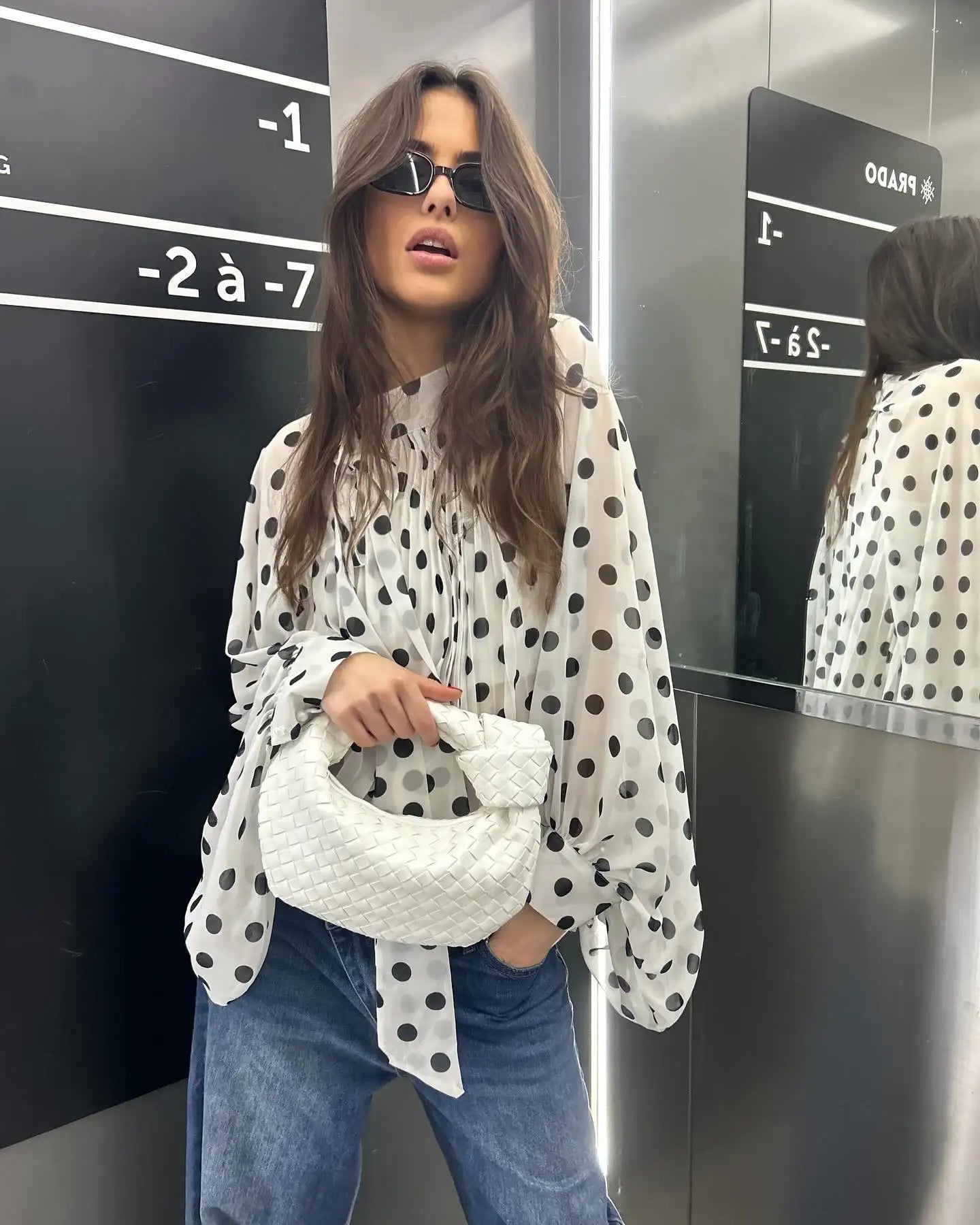 Elegant Retro Polka Dot Lace Up Shirt Women Long Lantern Sleeve Hollow-out Translucent Loose Blouse 2026 Lady Daily Commute Top