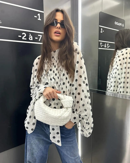 Elegant Retro Polka Dot Lace Up Shirt Women Long Lantern Sleeve Hollow-out Translucent Loose Blouse 2026 Lady Daily Commute Top
