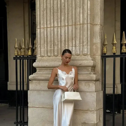Women Sexy V-neck Satin Sling Maxi Dresses Chic White Lace Patchwork Sleeveless Backless Slim Gowns Summer Evening Party Dress