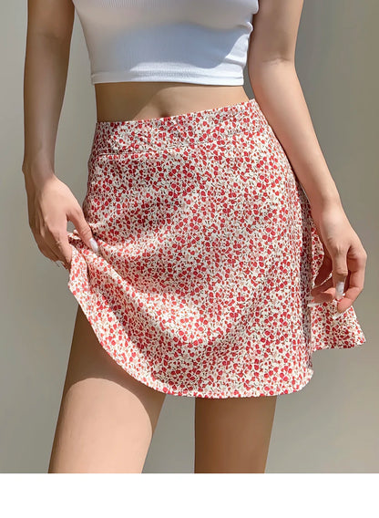 2024 Summer New Retro Vacation Style Small Floral Half Skirt High Waisted Wrap Buttocks Elegant Sweet Slim Short Skirt 06AH