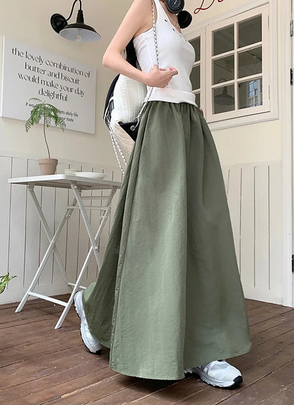 Chic Women Pockets A-Line Long Skirts Ladies Casual Loose Elastic High Waist Midi Skirt 2024 Spring Summer