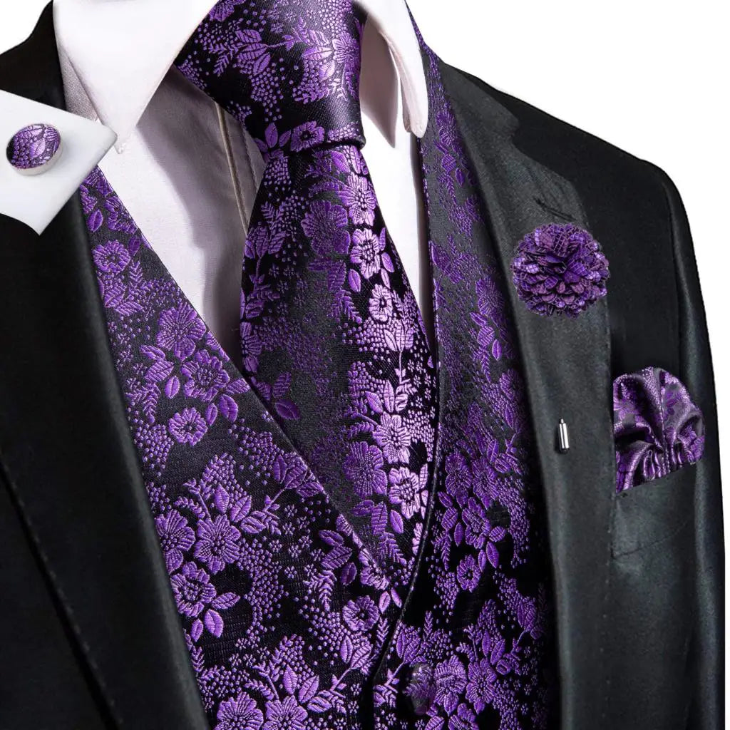 High Quality Silk Mens Vests Pink Gray Floral Waistcoat Tie Hanky Cufflinks Brooch Set for Men Suit Wedding Office Gift