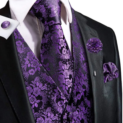 Luxury Mens Vests Black Gold Floral Jacquard Waistcoat Tie Hanky Cufflinks Brooch Set for Men Suit Wedding Office XL