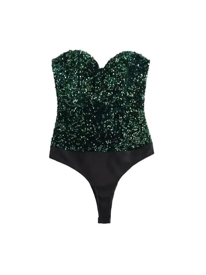 Strapless Sequin Bodysuits for Women, Backless Bodysuits, Sweetheart Neck, Female Playsuits, Sexy Fashion