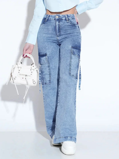 Women's Cargo Jeans with Multiple Pockets - Stylish and Practical Work Denim Pants for Everyday Comfort and Functionality