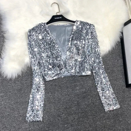 Street Fashion Joker Short Edition Sequins Small Suit Sparkling Bead Piece Suit Small Jacket Tank Top Jazz Dance Performance