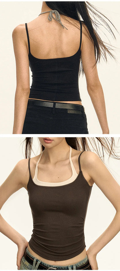 Summer Fashion Women's Splicing Halter Top Sexy Bandage Sleeveless Tank Tops Girls Knitted Camisoles Ropa De Mujer