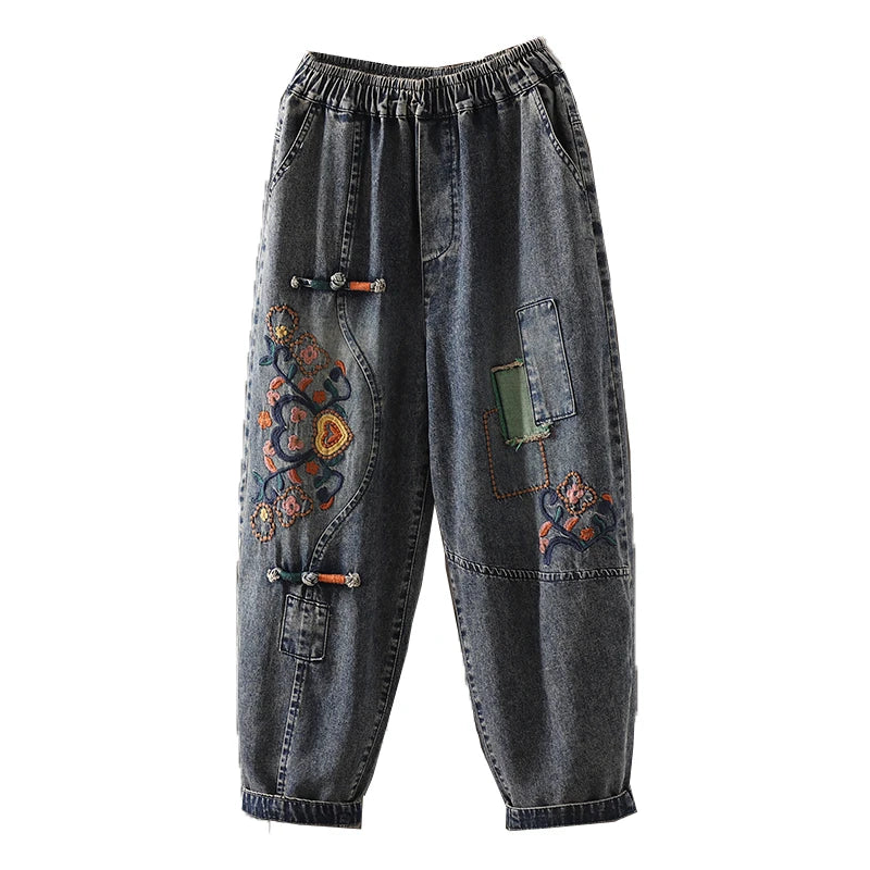 Fashion Y2K Women's Jeans plus Size Elastic Waist patch embroidery print Harem Pants Autumn Vintage Loose Ripped Denim Pants