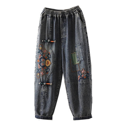 Fashion Y2K Women's Jeans plus Size Elastic Waist patch embroidery print Harem Pants Autumn Vintage Loose Ripped Denim Pants