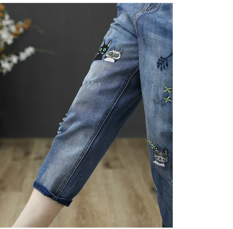 2025 Fashion Summer Streetwear Denim Trousers Ladies Vintage Elastic Jeans Womens Casual Loose Embroidery Harem Pants