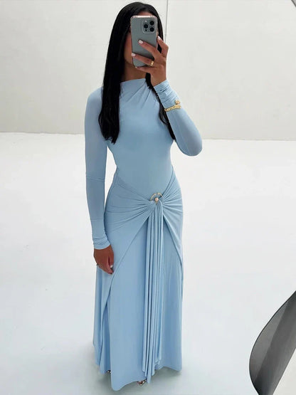Ruched Elegant Maxi Dress Women Daily Casual Fashion Skinny Full Sleeve Solid Gown Midnight Prom Party Long Bodycon