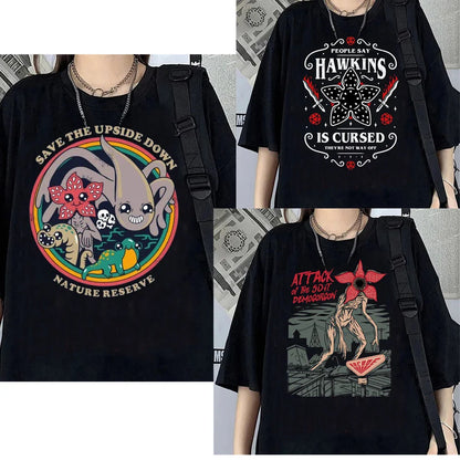 Hawkins Demogorgon T-shirt Anime Black T Shirt Cartoon Short Sleeve Harajuku Tshirt Women Men