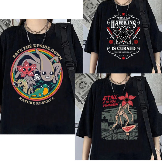 Hawkins Demogorgon T-shirt Anime Black T Shirt Cartoon Short Sleeve Harajuku Tshirt Women Men