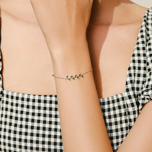 Bracelet ajustable à maillons en Argent Sterling 925 avec Feuille Verte et Zirconia pour Femme, Bijou de Mariage Tendance