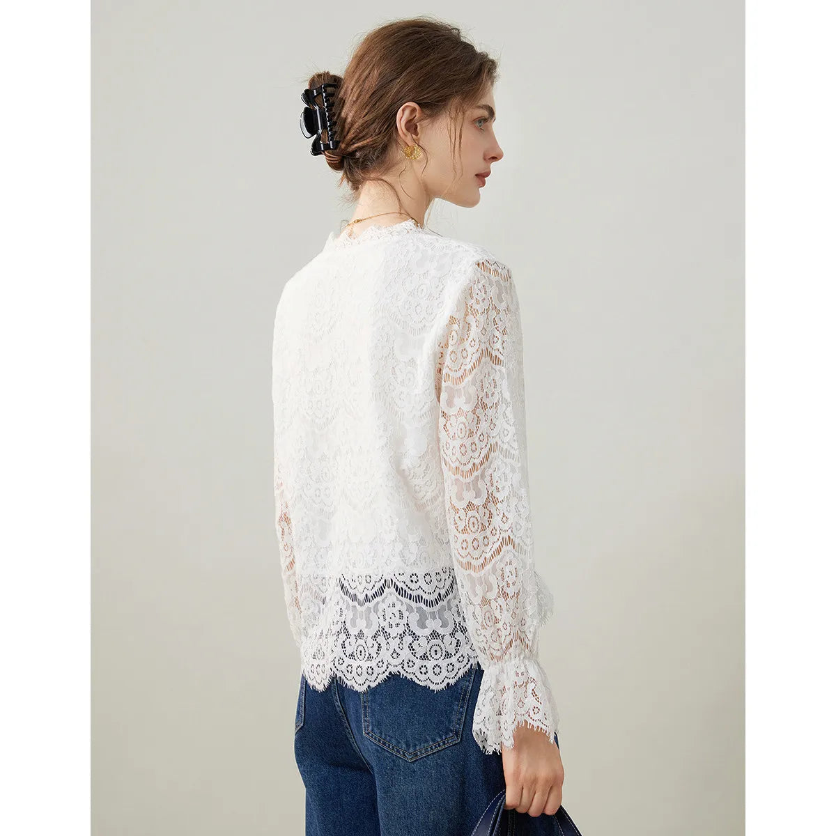 2025 Spring Elegant Hollow Lace Shirt Fashionable Pullover Shirt V-neck Long Sleeve Hooded Women's Shirt