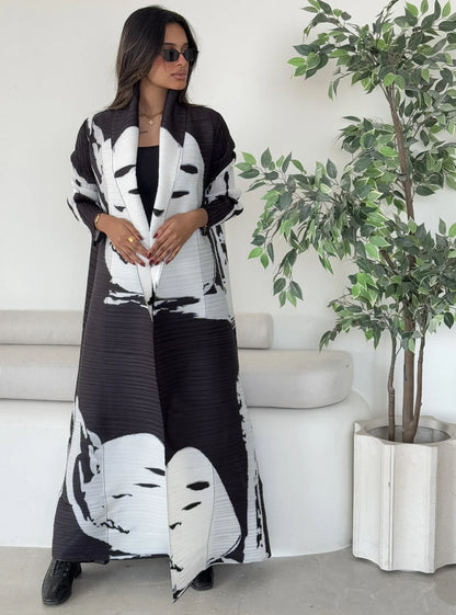 Women's Fold Miyake Pleated Abaya Long Sleeve Print Foldable Collar Robe Cardigan Coat New Winter Fashion Original Design 2026