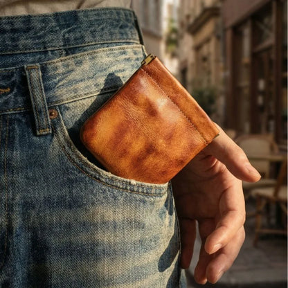 Full Grain Leather Vintage Organizer Bag Vegetable Tanned Cosmetic Pouch Magnetic Closure Coin Purse Custom Engraving