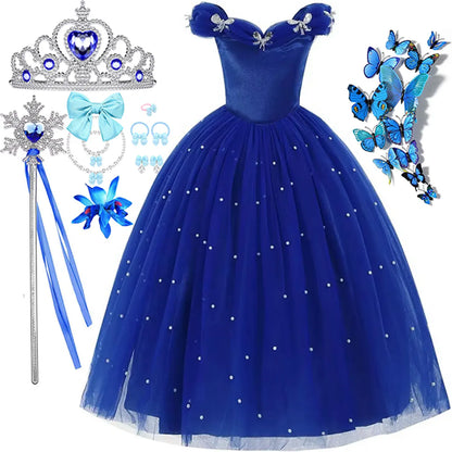 Cinderella Princess Same Cosplay Style Dark Blue Girl Luxury Dress Off-Shoulder Puff Skirt Christmas Party Gift Dress Set