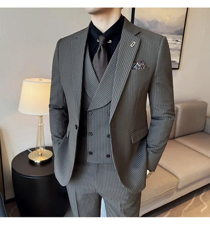 Luxury Stripe Men Suit Korean Version Fashion Elegant Slim Fit Tuxedo Formal Groom Wedding Social Suits