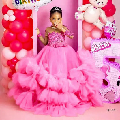 Fuchsia Princess Girls Birthday Party Dress Tiered Ruffles Long Sleeve Flower Girl Dresses for Wedding Kids Prom Gown Customized