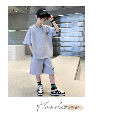 Summer Casual Boys Jacquard Loose T-Shirt Tops+Shorts Pant School Kids 2PCS Tracksuit Child Outfits Student Workout Set 3-14 Yr