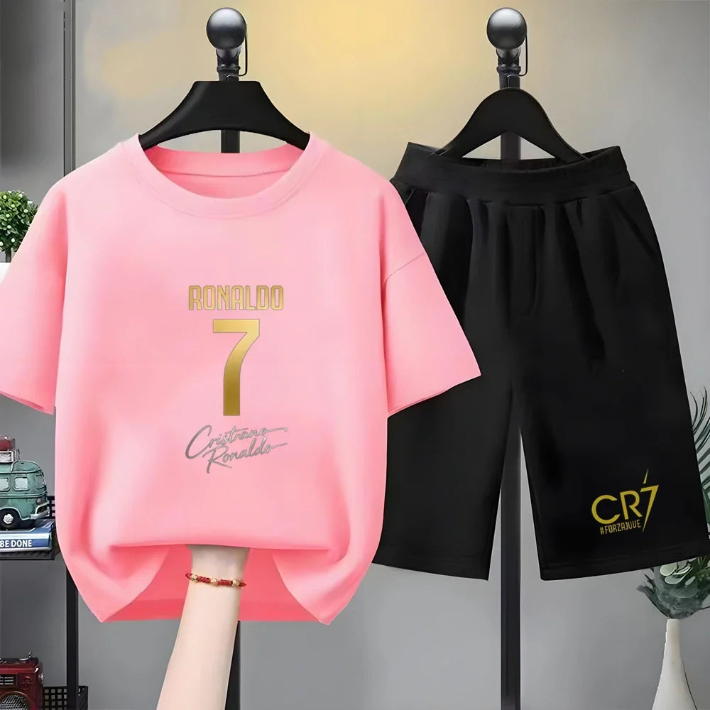 Children Short-sleeved T-shirt+Shorts Black Boys Girls Toddler 3-12Yrs Sports Set Football Player No. 7 Summer Cool Clothing