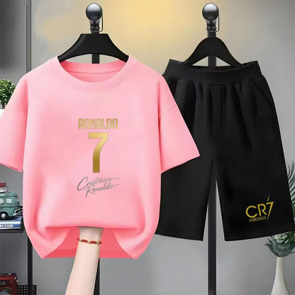 Children Short-sleeved T-shirt+Shorts Black Boys Girls Toddler 3-12Yrs Sports Set Football Player No. 7 Summer Cool Clothing