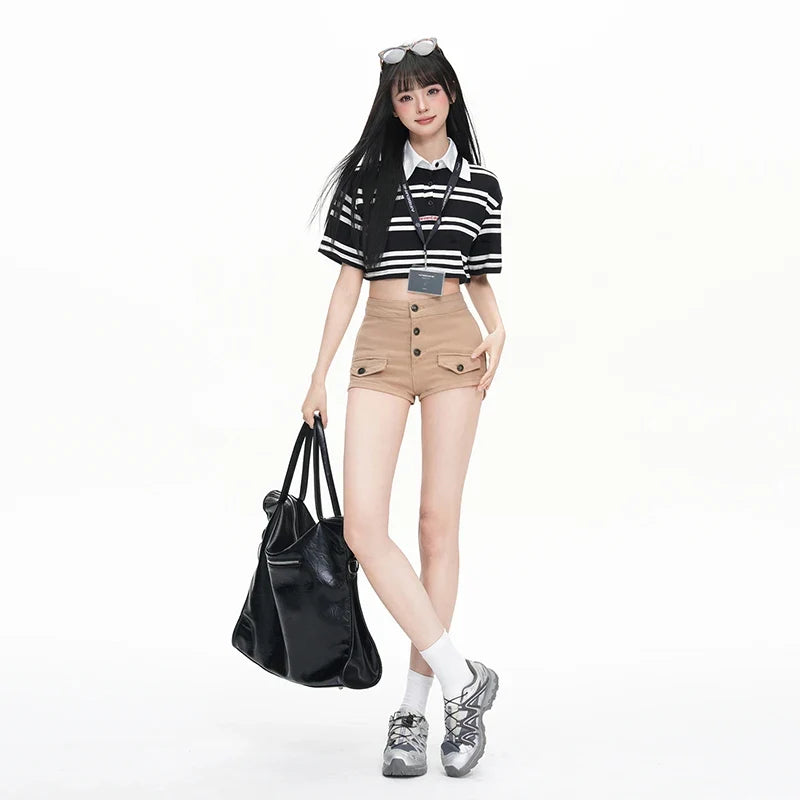 Pure Desire Slim Hip Hugging Hot Pants Old Money Style Hip Enhancing Multi Button High Waist Tight Summer New Denim Shorts