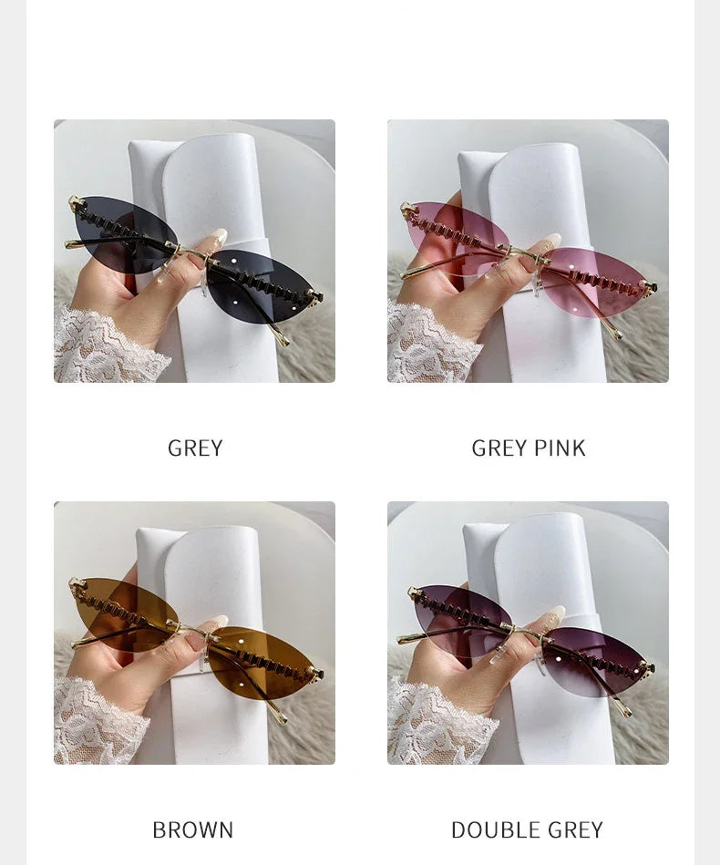 2026 Cat Eye Rivet Rimless Sunglasses Women Luxury Fashion Brand Oval Narrow Sun Glasses Shades Trendy Elegant Unique Eyewear
