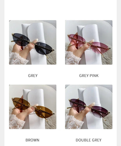 2026 Cat Eye Rivet Rimless Sunglasses Women Luxury Fashion Brand Oval Narrow Sun Glasses Shades Trendy Elegant Unique Eyewear