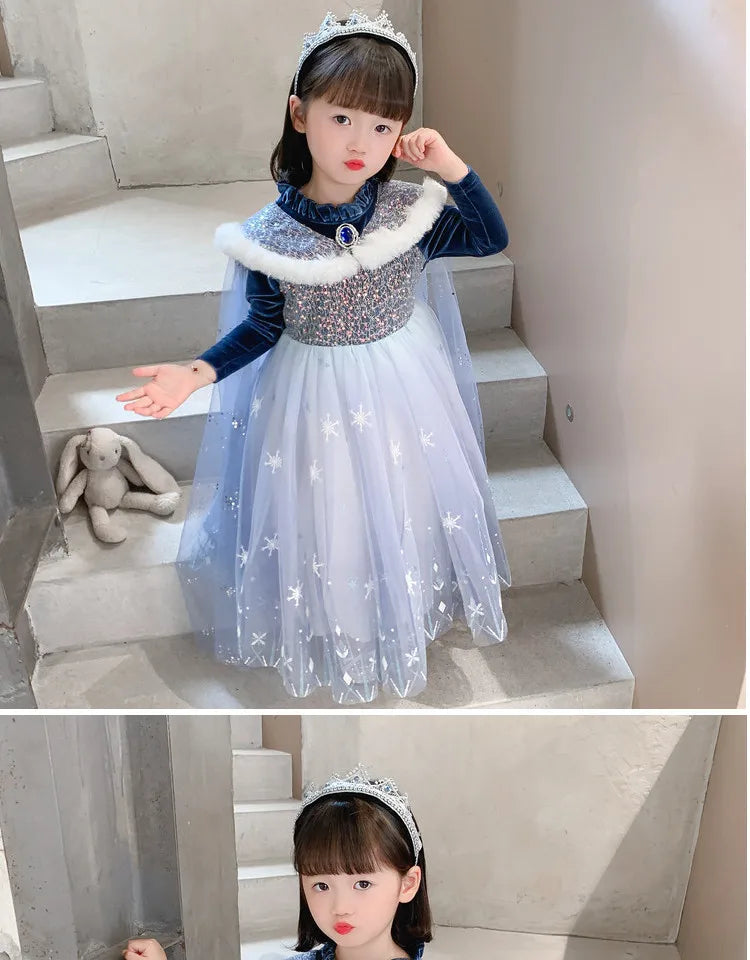 Girls' Spring 2026 New Velvet Elsa Frozen Princess Dress Kids Blue Cape 2 Piece Set Warm Dresses For Girl Party 3-9 Years Old ﻿