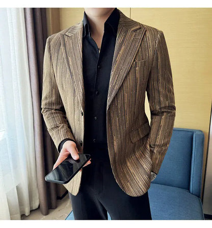 Fashion Meteor Line Checkered Elegant Suit Jacket Men Fashion De Luxe Business Slim Fit Single Breasted Social Party Dress Coats