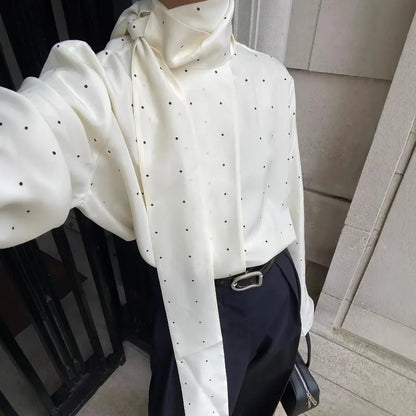 Satin Scarf Neck Polka Dot Printing Women Blouse Fashion Full Sleeve Loose Basic Shirt Lady Spring New Highstreet Commute Wears