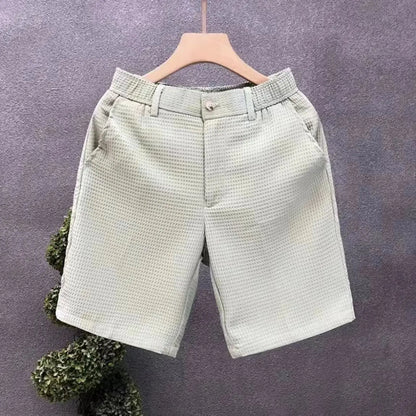 Men's Shorts Plaid Texture Solid Straight-leg Business Social Elastic Waist Button Short Pants Loose Knee Length Casual Short
