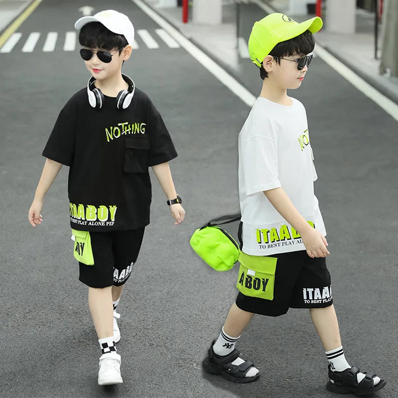 Kpop Boys Clothes Sets 2026 Summer Teen Kids Fashion Letter Print Short Sleeve T-shirt+Shorts 2Pcs Children Tracksuit Outfits