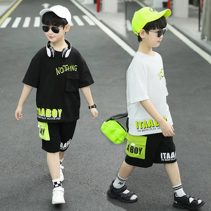 Kpop Boys Clothes Sets 2026 Summer Teen Kids Fashion Letter Print Short Sleeve T-shirt+Shorts 2Pcs Children Tracksuit Outfits
